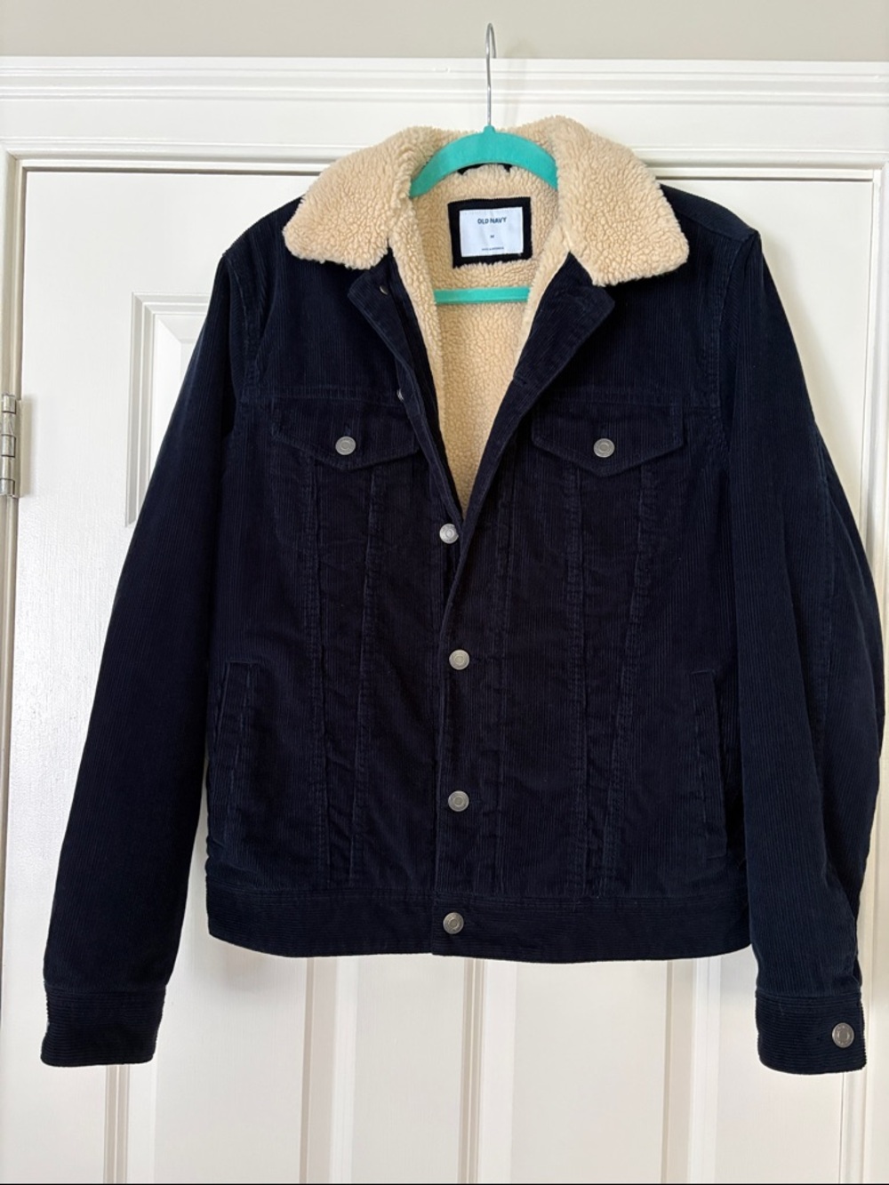 Old Navy Men's Navy Corduroy Jacket with Cream Sherpa Collar
